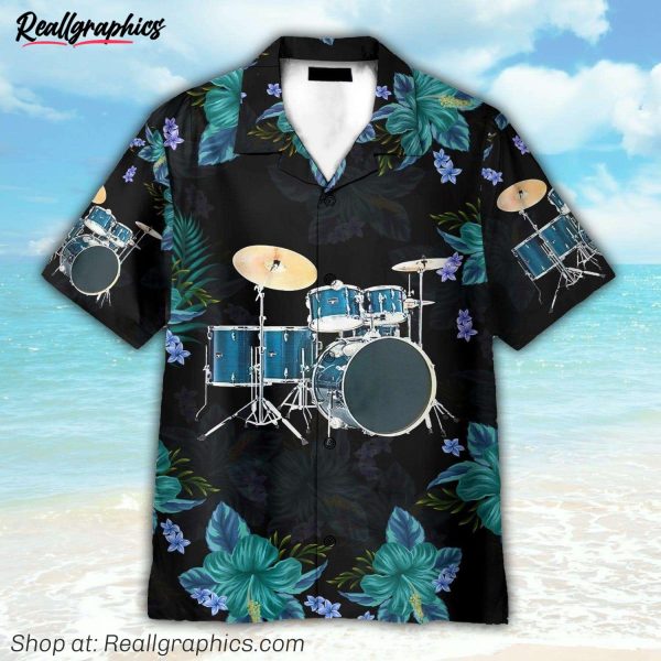 blue drum tropical flower pattern hawaiian shirt