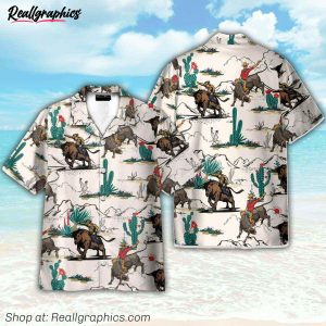 bull riding in desert button's up shirts, hawaiian shirt