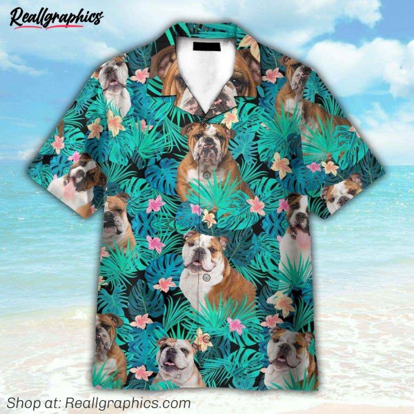 bulldog in tropical green leaves hawaiian shirt