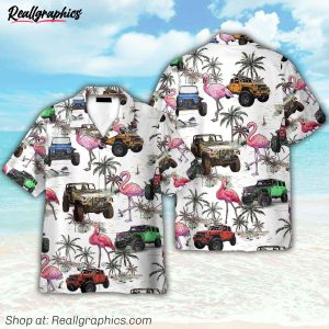 jeep cars and flamingo hawaiian shirt