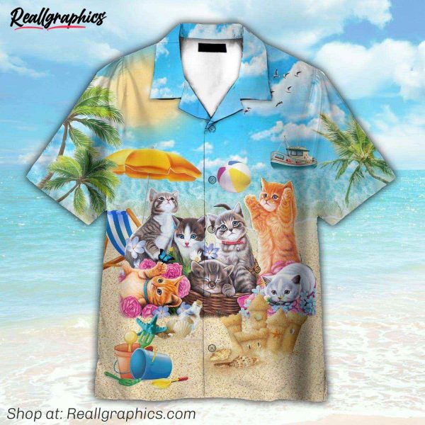 cute cats on the summer beach hawaiian shirt