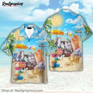 cute cats on the summer beach hawaiian shirt