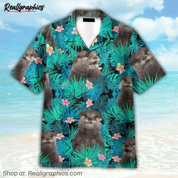 cute otter tropical leaves pattern hawaiian shirt