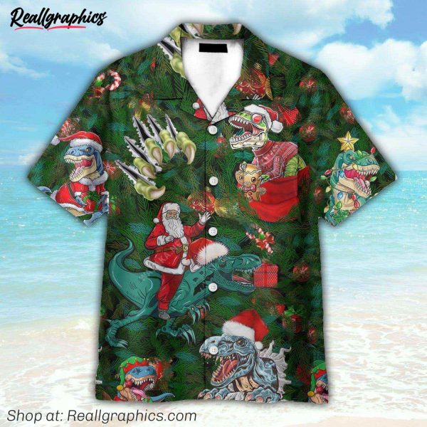 dinosaur and santa enjoy christmas hawaiian shirt