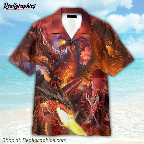flaming dragon button's up shirts, hawaiian shirt