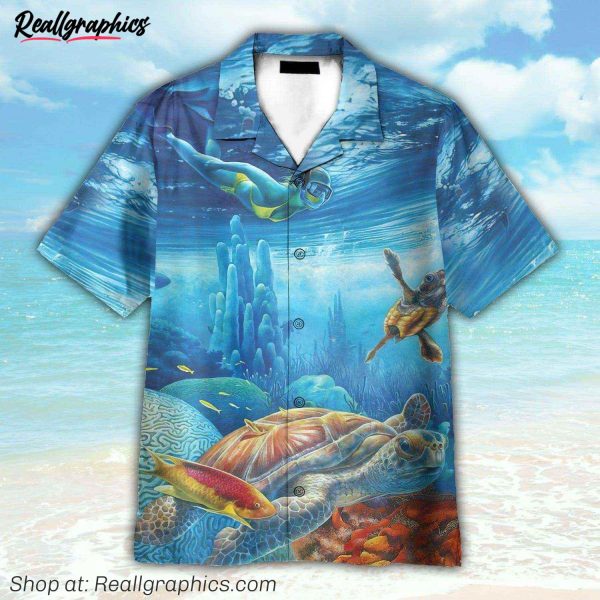 freediving with sea turtles hawaiian shirt
