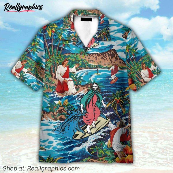 funny jesus surfing on island hawaiian shirt