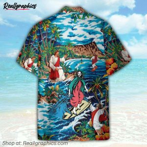 funny jesus surfing on island hawaiian shirt