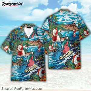 funny jesus surfing on island hawaiian shirt