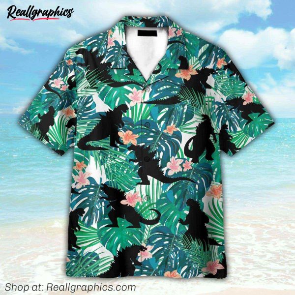 godzillla movies tropical leaves pattern hawaiian shirt