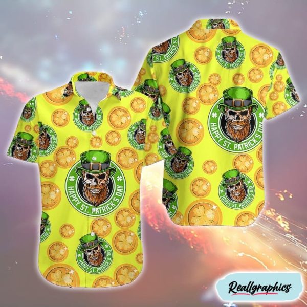 happy st patricks day with skull shamrock summer gold coins hawaiian shirt