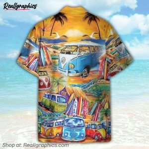 hippie camper vans surfing on the beach hawaiian shirt