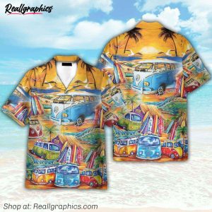 hippie camper vans surfing on the beach hawaiian shirt