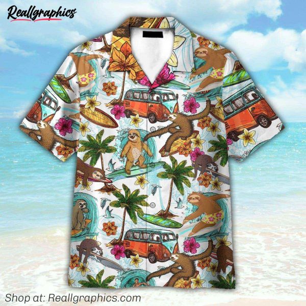 hippie camping sloth surfing summer beach hawaiian shirt