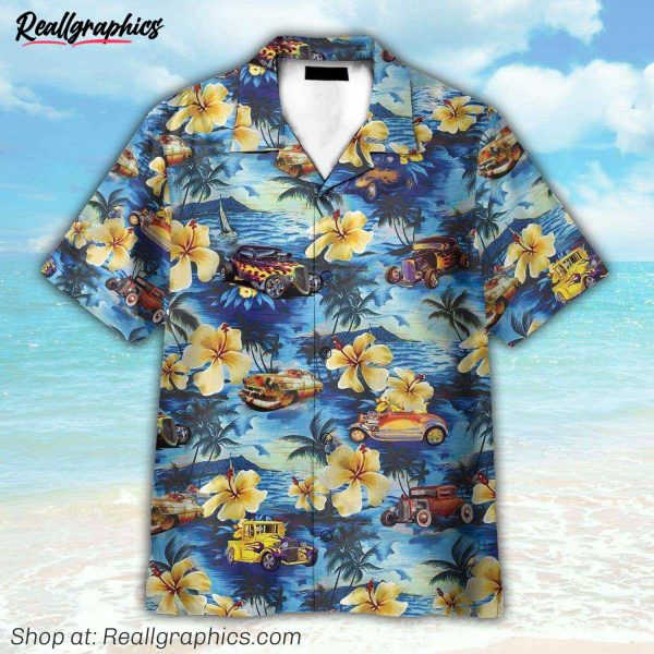 hot rod car and flowers on the beach hawaiian shirt