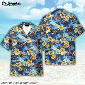 hot rod car and flowers on the beach hawaiian shirt
