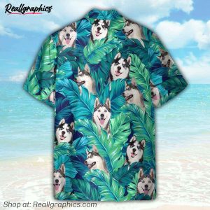 husky in tropical green leaves hawaiian shirt