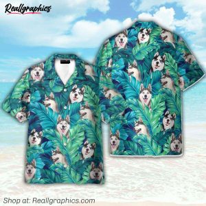 husky in tropical green leaves hawaiian shirt