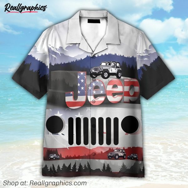 jeep camping pattern american flag hawaiian shirt