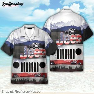 jeep camping pattern american flag hawaiian shirt