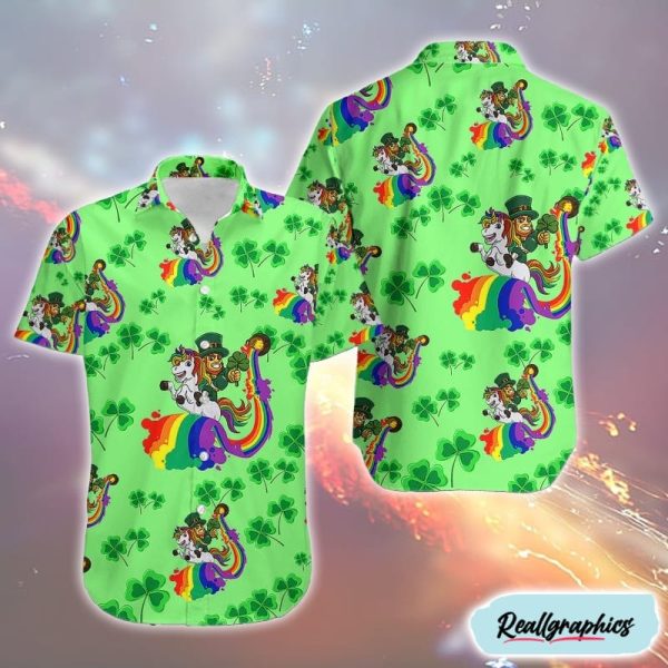 leprechaun rides a unicorn st patricks day print sham rock hawaiian shirt