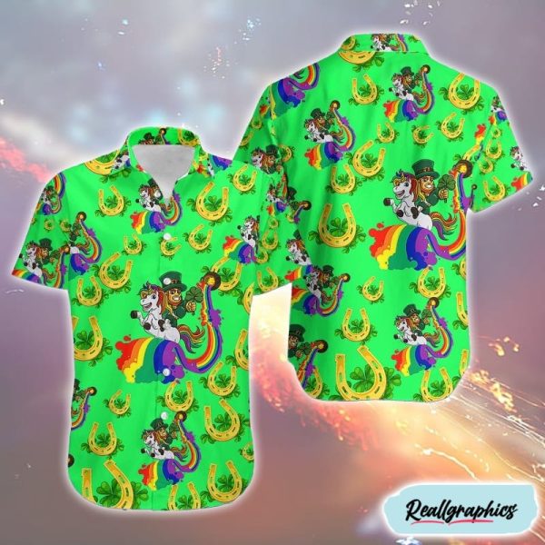 leprechaun rides a unicorn st patricks day silk hawaiian shirt