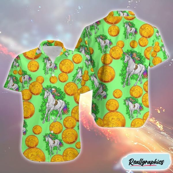 leprechaun rides unicorn st st patricks day hawaiian gun shirts gold coins hawaiian shirt