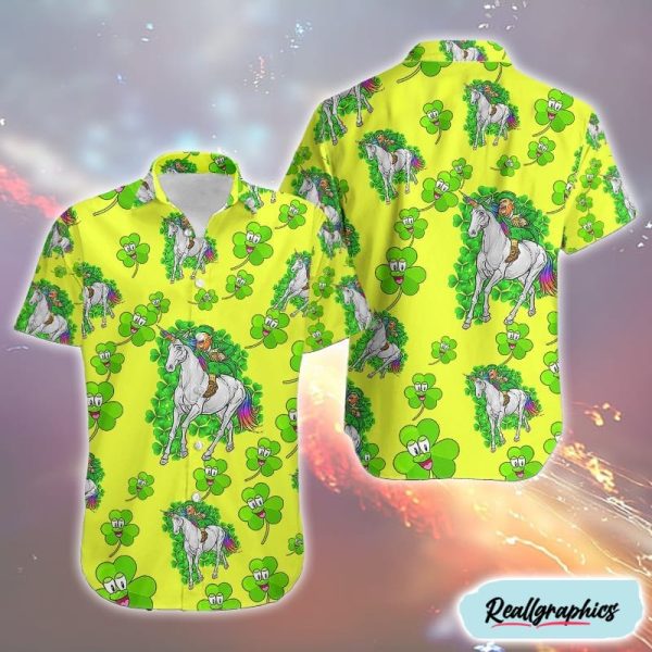 leprechaun rides unicorn st patricks day outfit sham rock hawaiian shirt