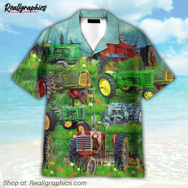old tractor tropical green grass hawaiian shirt