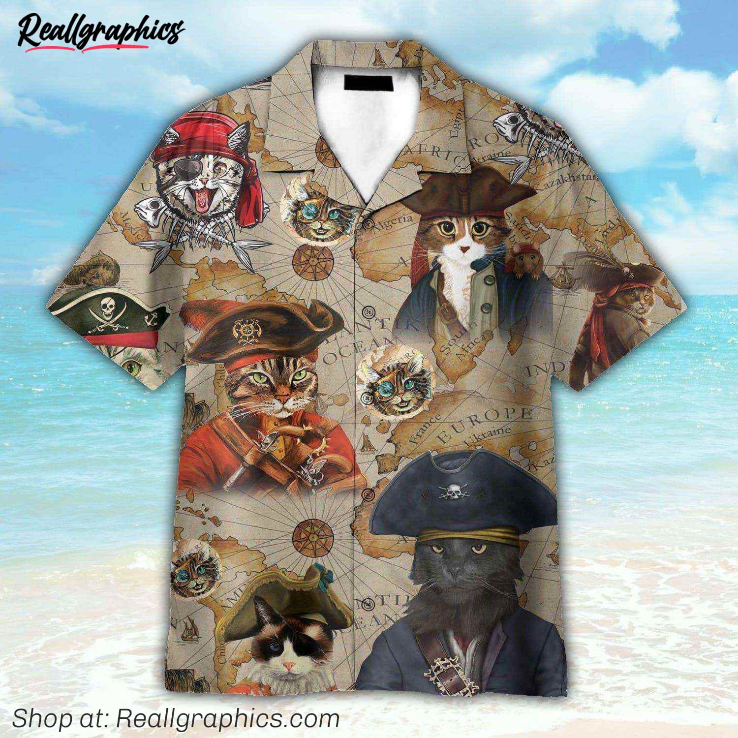 pirate cat vintage nautical map pattern hawaiian shirt