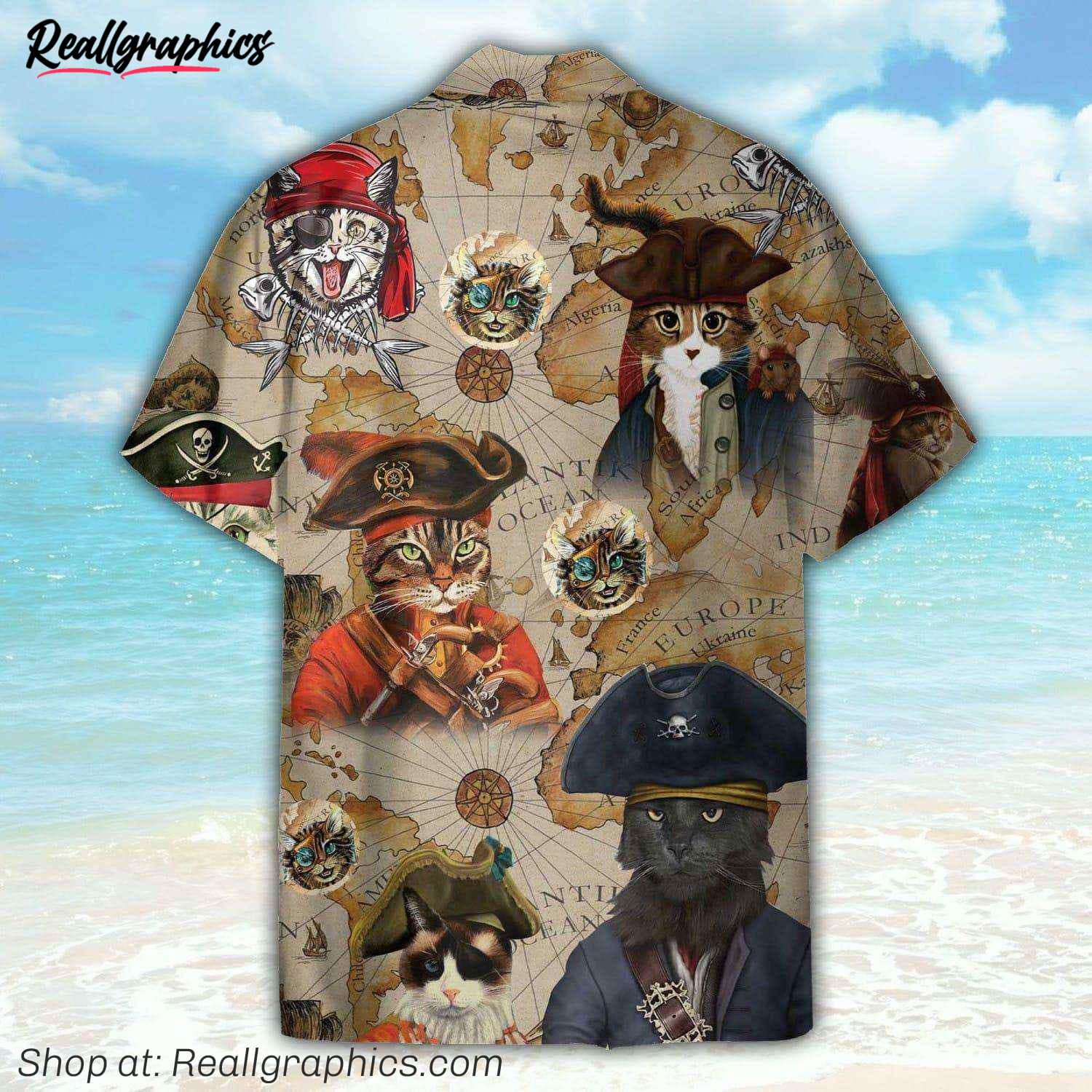 pirate cat vintage nautical map pattern hawaiian shirt