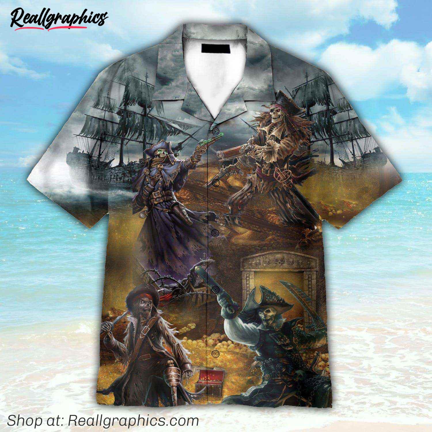 pirate skull fighting for treasure hawaiian shirt