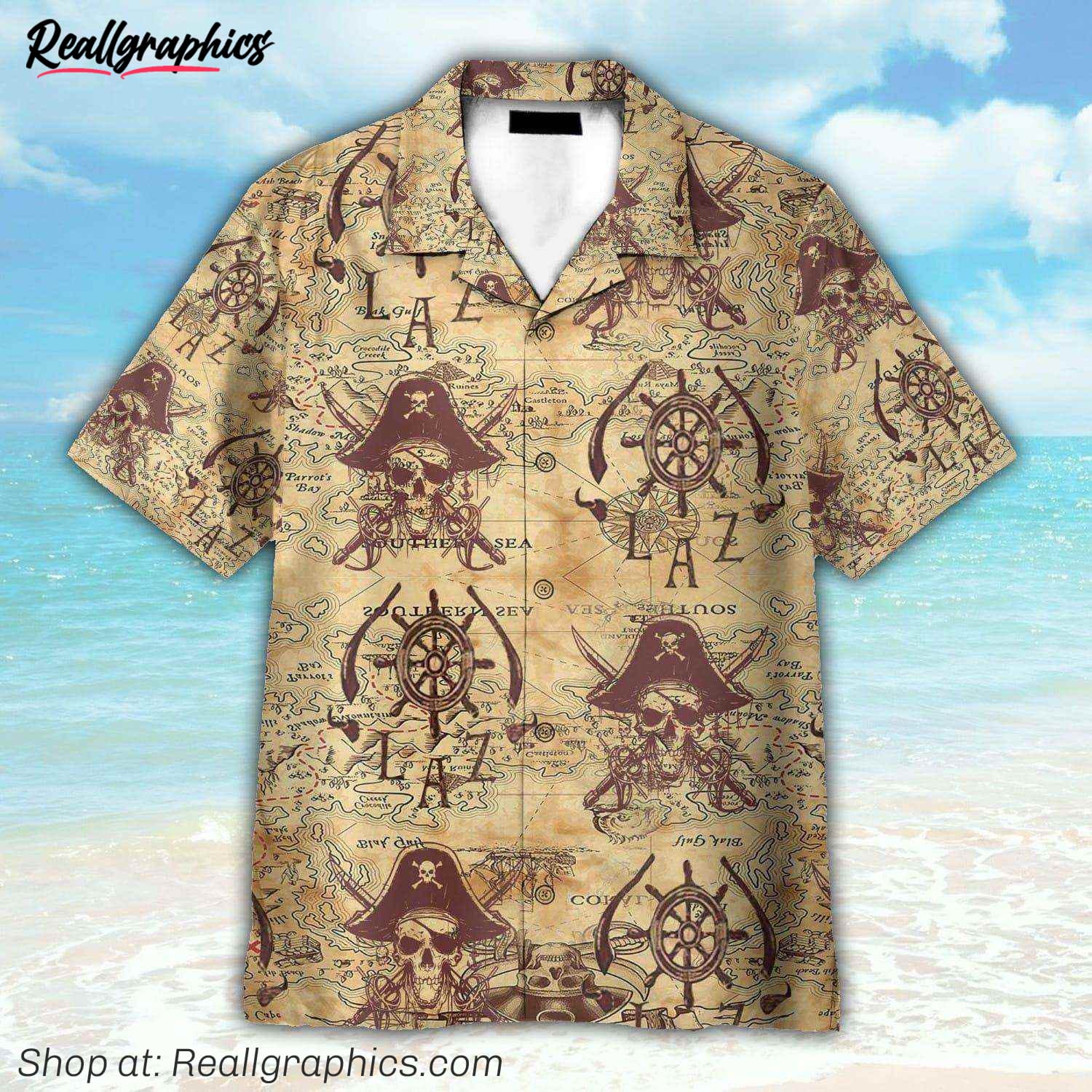 pirate skull vintage nautical map pattern hawaiian shirt