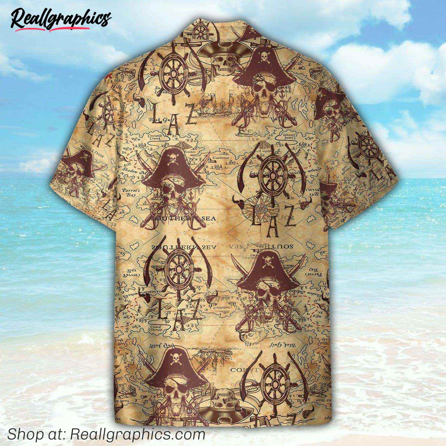 pirate skull vintage nautical map pattern hawaiian shirt