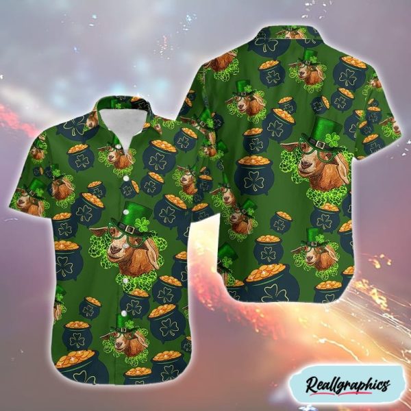 st patricks day goat clovers shamrock print gold coins hawaiian shirt