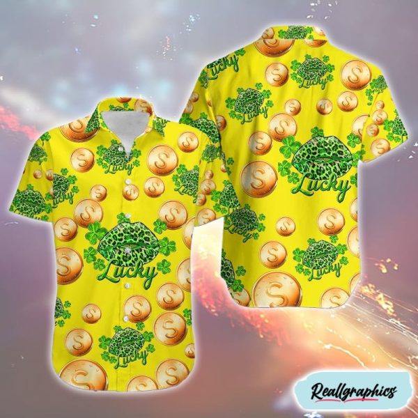 st patricks day irish kiss lucky outfit men gold coins hawaiian shirt