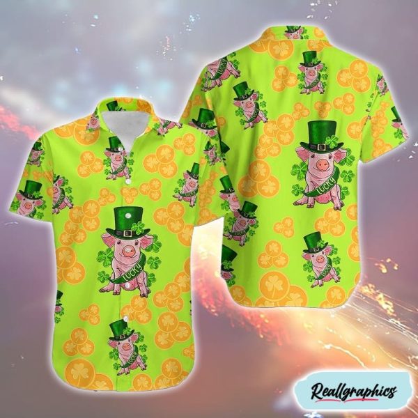 st patricks day lucky baby pig hawaiian button up gold coins hawaiian shirt