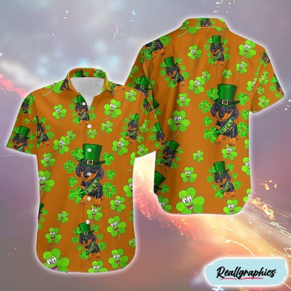 st patricks day lucky dachshund puppy hawaiian camp shirt sham rock hawaiian shirt