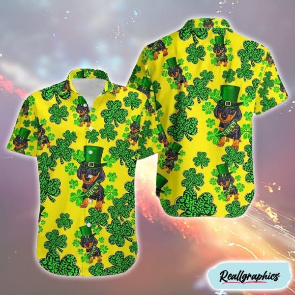 st patricks day lucky dachshund puppy hawaiian shirts for sale sham rock hawaiian shirt