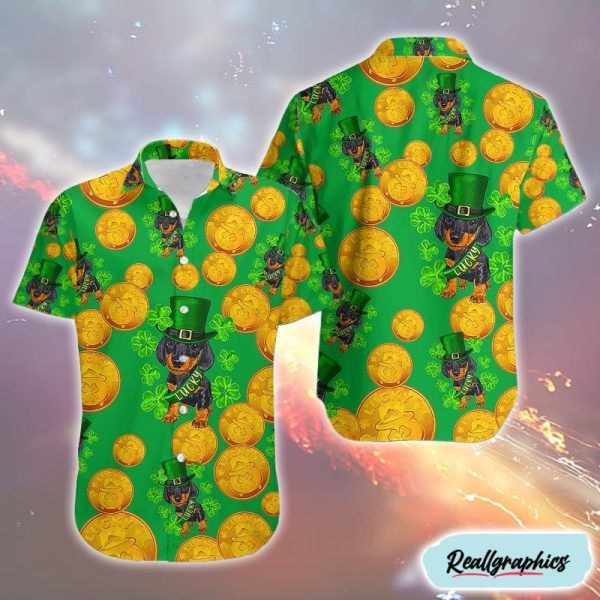 st patricks day lucky dachshund puppy matching hawaiian outfits gold coins hawaiian shirt