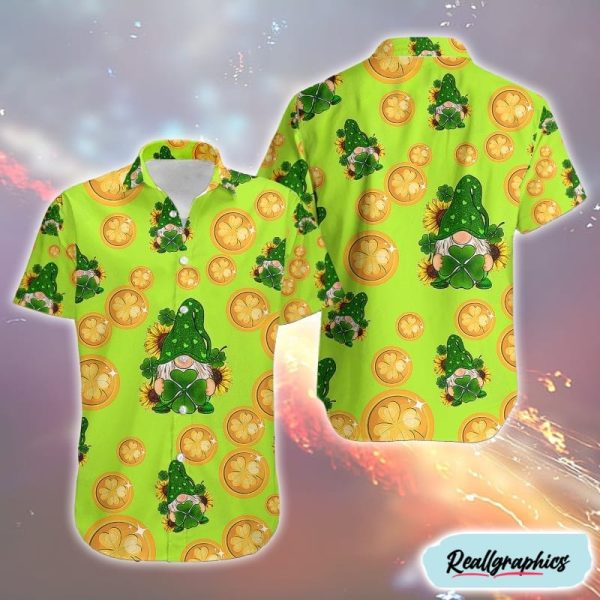 st patricks day shamrock gnome with sunflowers fancy gold coins hawaiian shirt