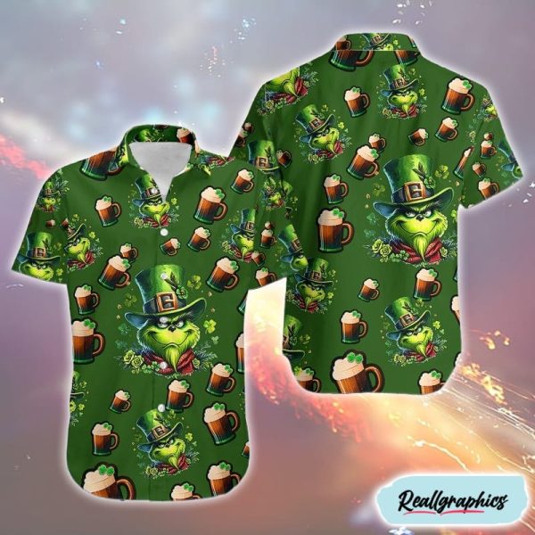 st patricks day the grinch outfit men beer hawaiian shirt