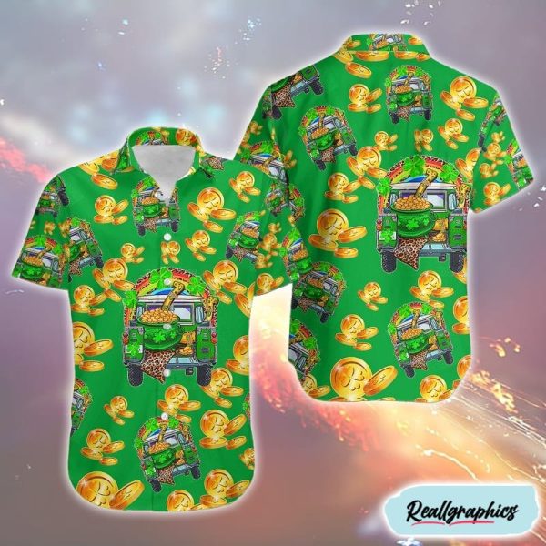 st patricks day truck with pot of gold horseshoe and rainbow tacky coins hawaiian shirt