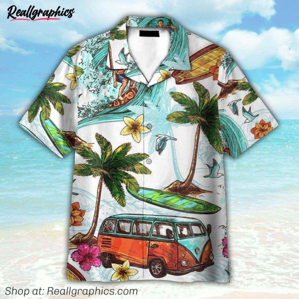 surfing and hippie vans on the beaches hawaiian shirt