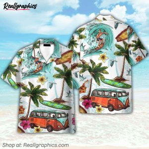 surfing and hippie vans on the beaches hawaiian shirt