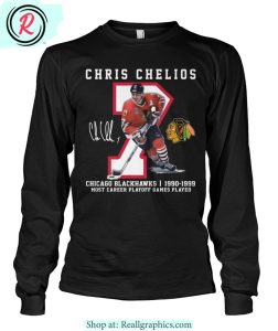 chris chelios chicago blackhawks 1990-1999 most career playoff games played unisex shirt