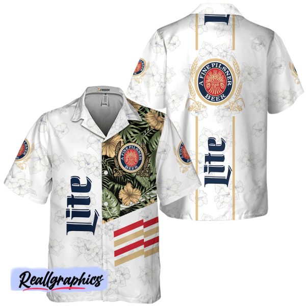 miller lite white tropical flower hawaiian shirt