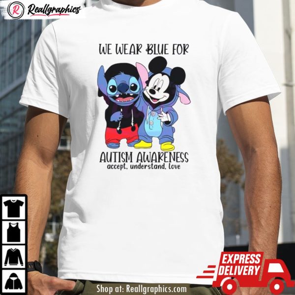 stitch and mickey we wear blue for autism awareness shirt