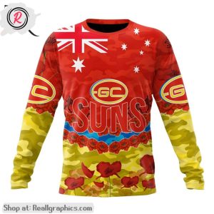 afl gold coast suns special anzac day design lest we forget aop shirt, hoodie, sweatshirt