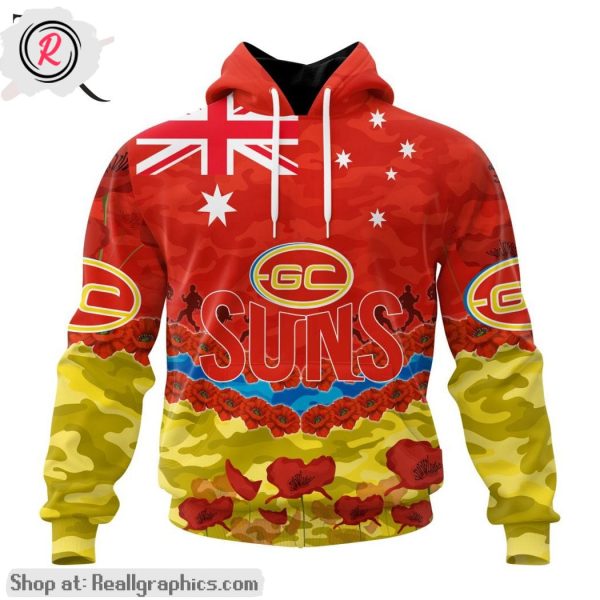 afl gold coast suns special anzac day design lest we forget aop shirt, hoodie, sweatshirt